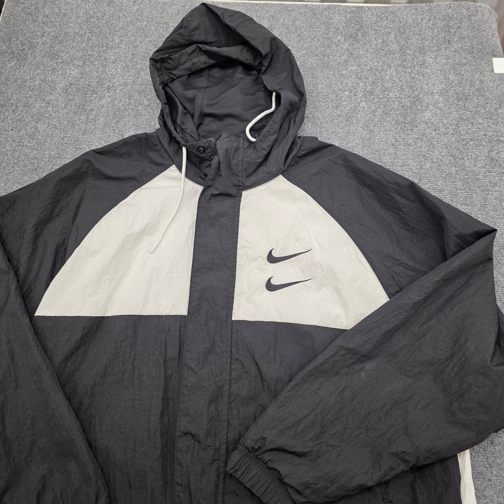 Nike Double Swoosh Windbreaker Hooded Jacket Black White Vintage Mens XXL